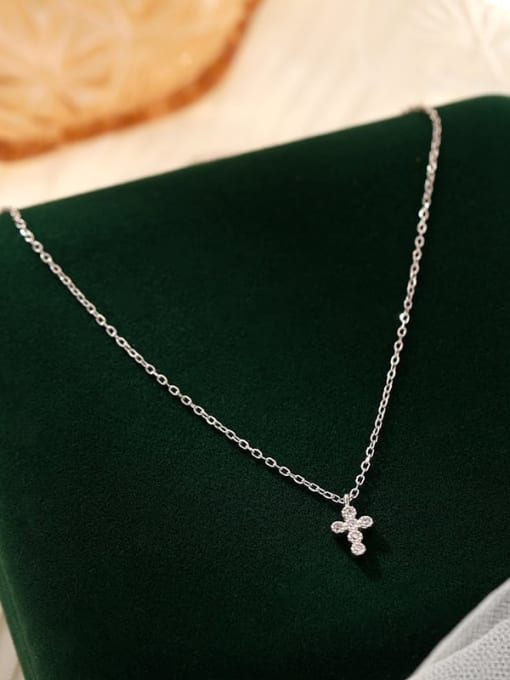 NS322 【 Platinum 】 925 Sterling Silver Cubic Zirconia Cross Minimalist Regligious Necklace