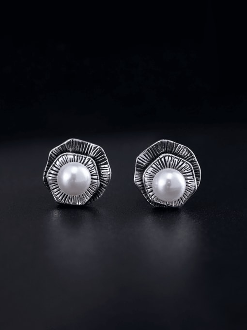 SILVER MI 925 Sterling Silver Imitation Pearl Flower Vintage Stud Earring 1