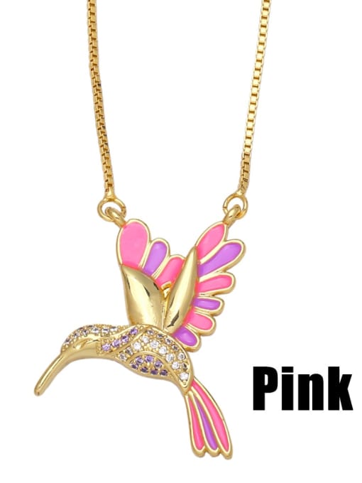 Pink Brass Cubic Zirconia Enamel Vintage Animal Bird  Pendant Necklace