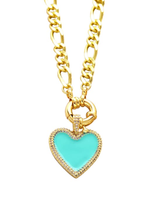 Light green Brass Cubic Zirconia Enamel Heart Vintage  Hollow Chain Necklace