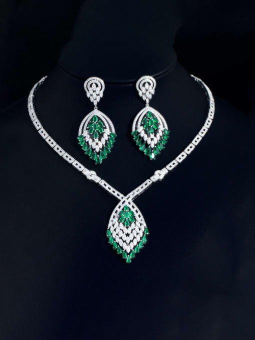 L.WIN Brass Cubic Zirconia Luxury Leaf  Earring and Necklace Set
