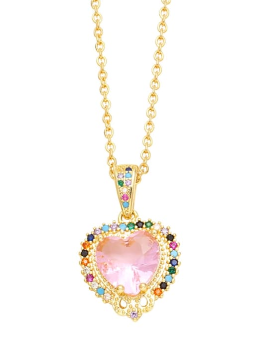 Pink Brass Cubic Zirconia Heart Vintage Necklace