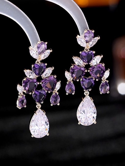 Purple zirconium Brass Cubic Zirconia Water Drop Luxury Cluster Earring
