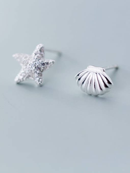 Rosh 925 Sterling Silver Cute Full diamond starfish asymmetry shell Stud Earring 0
