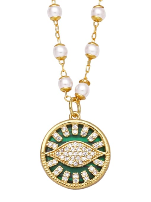 green Brass Imitation Pearl Evil Eye Vintage Necklace