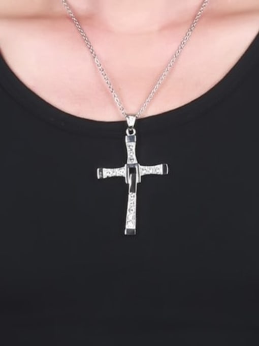 CONG Titanium Rhinestone White Cross Minimalist Regligious Necklace 1