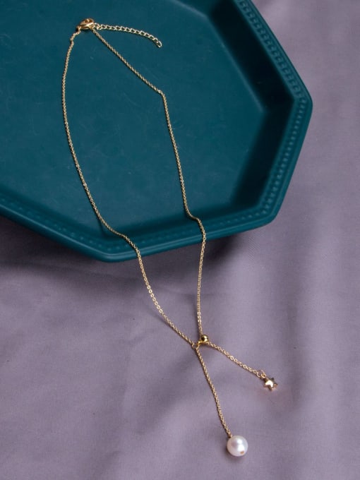 RAIN Brass Freshwater Pearl Tassel Minimalist Lariat Necklace 1