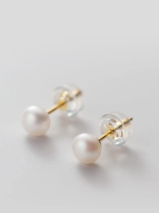White Pearl Earrings Gold 6- 7MM 925 Sterling Silver Freshwater Pearl  Round Minimalist Stud Earring