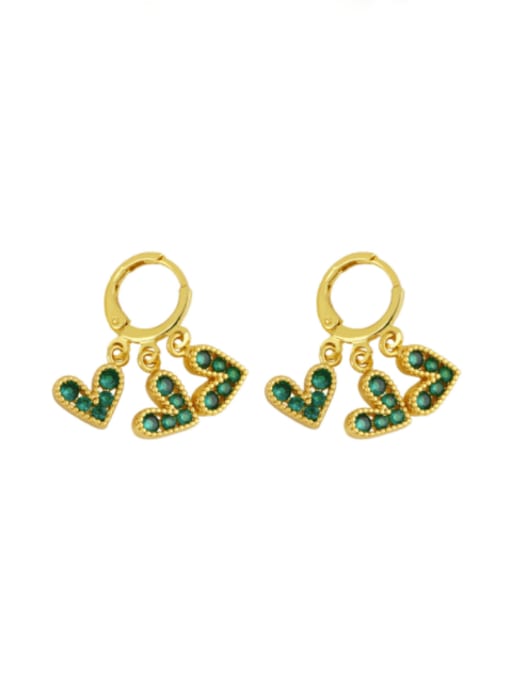green Brass Cubic Zirconia Heart Vintage Huggie Earring