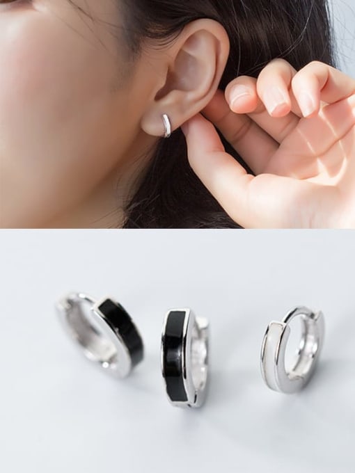 Rosh 925 Sterling Silver Black Enamel Round Minimalist Huggie Earring 1