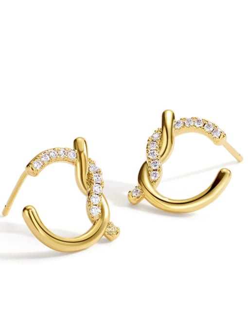 Golden twist C Earrings Brass Cubic Zirconia knot Minimalist Stud Earring