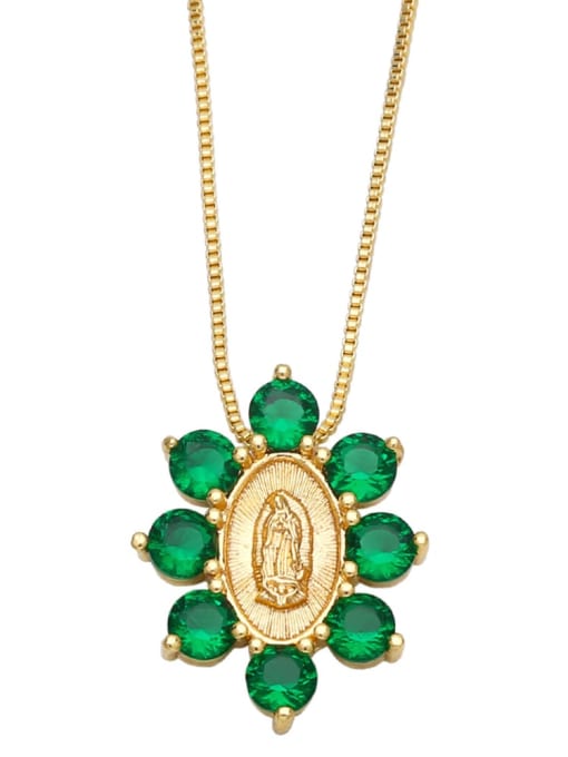 green Brass Cubic Zirconia Flower Vintage Regligious Necklace