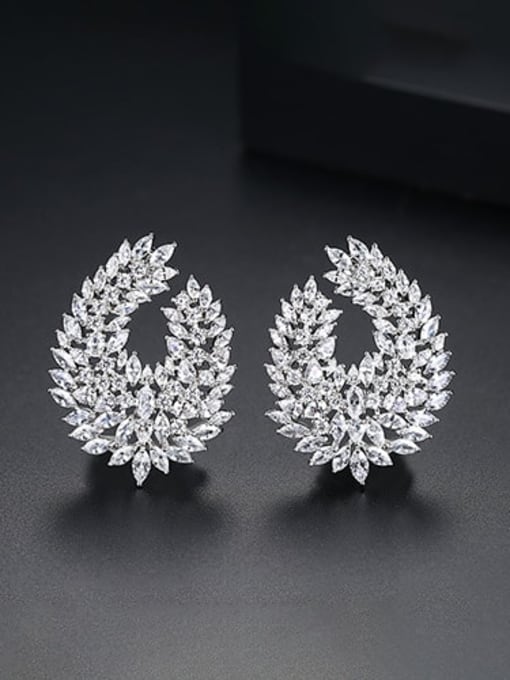 Platinum Copper Cubic Zirconia Luxury Flower  Stud Earring