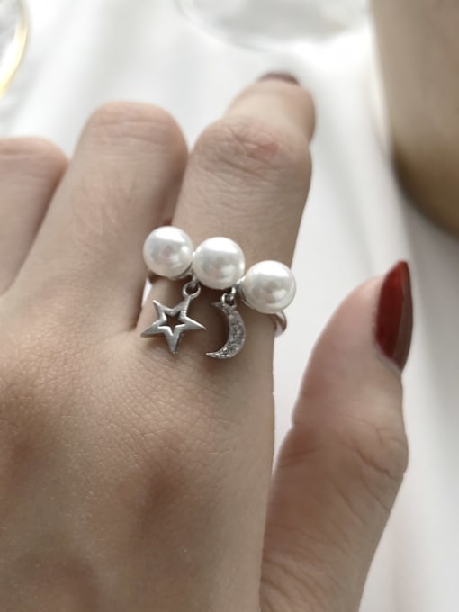 Boomer Cat 925 Sterling Silver Imitation Pearl White Star Trend Bead Ring 0