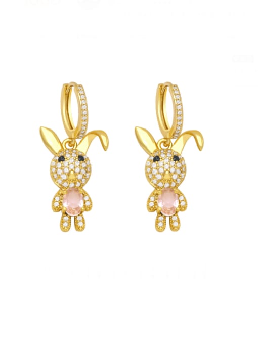 Pink Brass Cubic Zirconia Rabbit Cute Huggie Earring