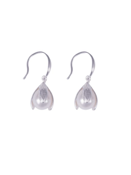 SILVER MI 925 Sterling Silver Imitation Pearl Flower Vintage Hook Earring 0