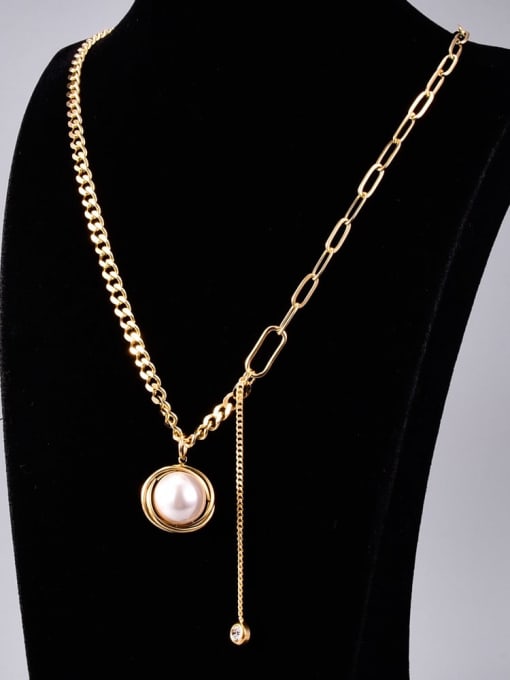 A TEEM Titanium Steel Imitation Pearl Round Vintage Necklace 2