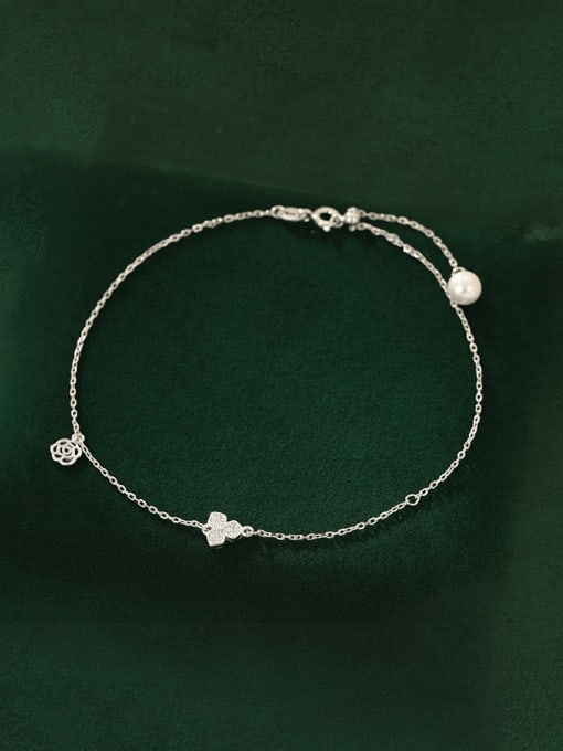AS043 【 Platinum 】 925 Sterling Silver Cubic Zirconia Flower Minimalist  Anklet