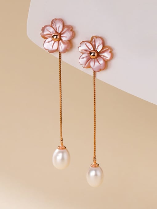 Pink 925 Sterling Silver Imitation Pearl Flower Minimalist Drop Earring