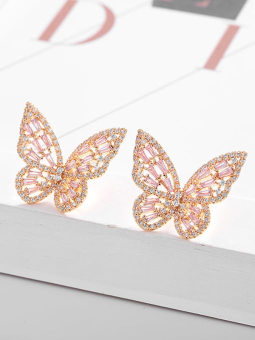Gold Pink Diamond Brass Cubic Zirconia Butterfly Statement Stud Earring