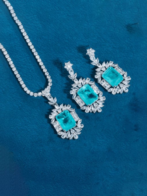 Lake blue Luxury Geometric Brass Cubic Zirconia Earring and Necklace Set