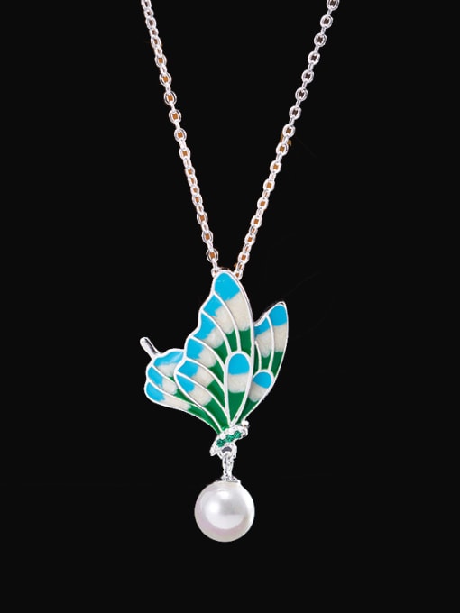 SILVER MI 925 Sterling Silver Imitation Pearl Enamel Butterfly Vintage Necklace 0