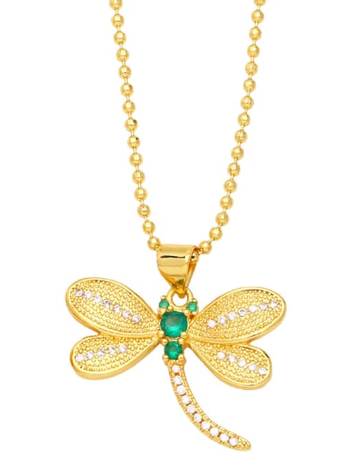 green Brass Cubic Zirconia Dragonfly Vintage Bead Chain Necklace