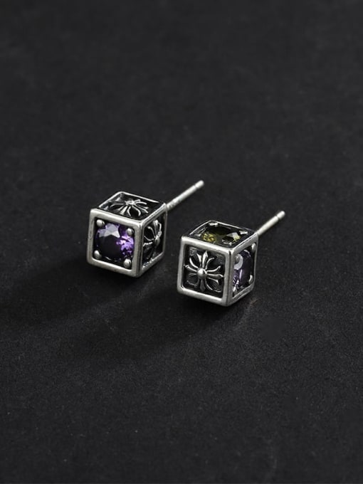 KDP-Silver 925 Sterling Silver Cubic Zirconia Square Vintage Stud Earring 2