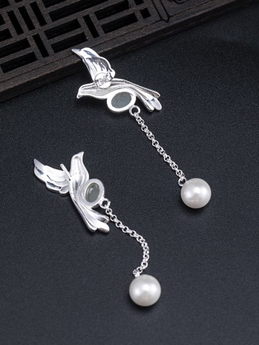 SILVER MI 925 Sterling Silver Imitation Pearl Bird Vintage Threader Earring 3