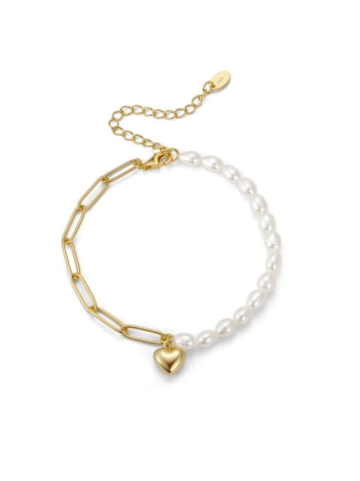 RINNTIN 925 Sterling Silver Freshwater Pearl Heart Minimalist Asymmetrical Chain Link Bracelet
