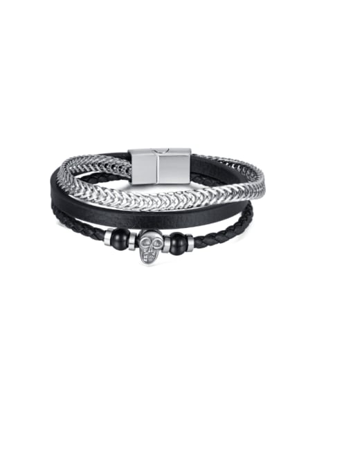 PH1549 Stainless steel Artificial Leather Weave Hip Hop Strand Bracelet
