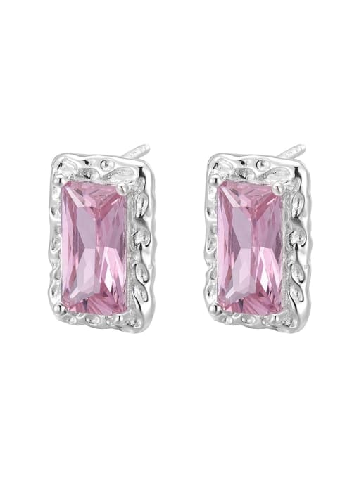 Silver Pleated Pink Diamond Earrings 925 Sterling Silver Glass Stone Geometric Minimalist Stud Earring