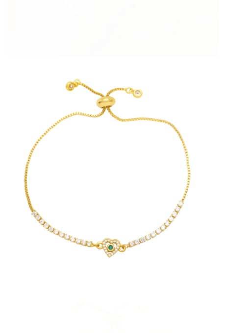 green Brass Cubic Zirconia Heart Vintage Adjustable Bracelet