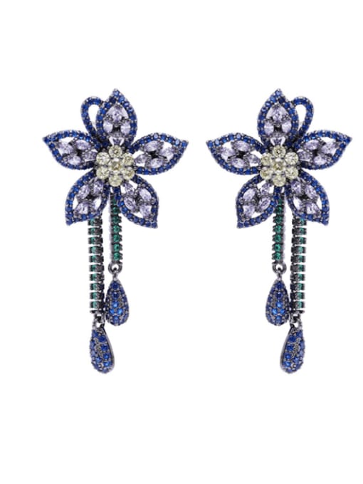 Gun black+ blue Brass Cubic Zirconia Flower Luxury Drop Earring