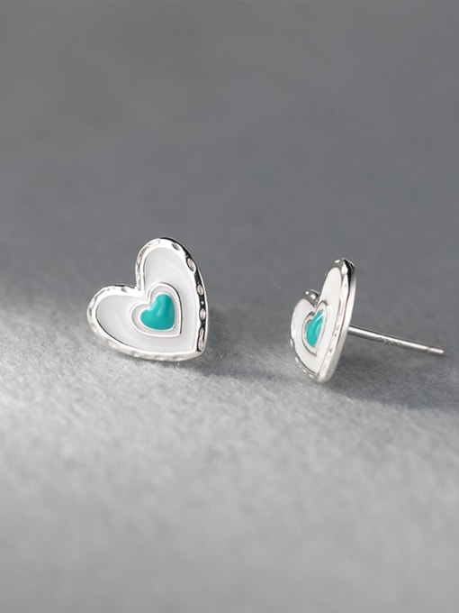 green 925 Sterling Silver Enamel Heart Minimalist Stud Earring