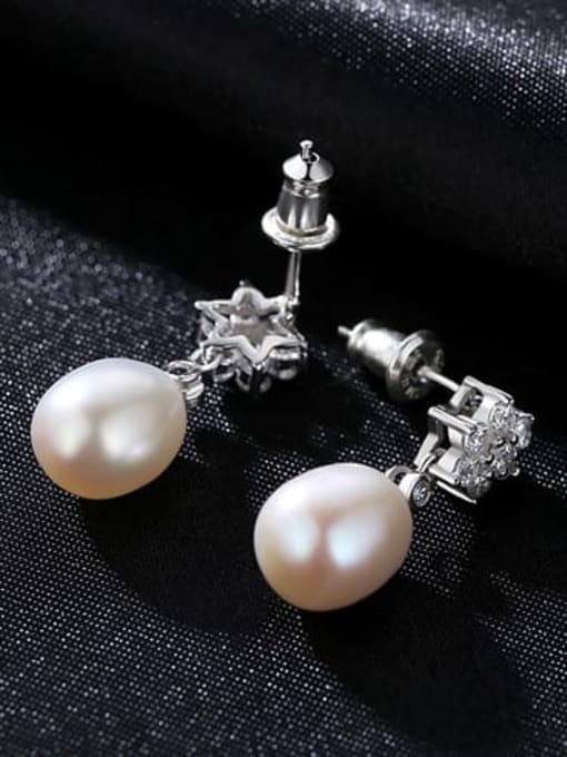 White 1A07 925 Sterling Silver Freshwater Pearl  Artificial zircon Flowers earrings
