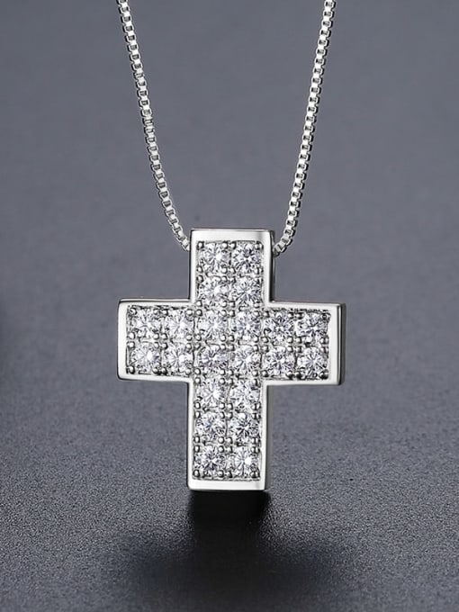 N23082711 Rh Brass Cubic Zirconia Cross Dainty Regligious Necklace