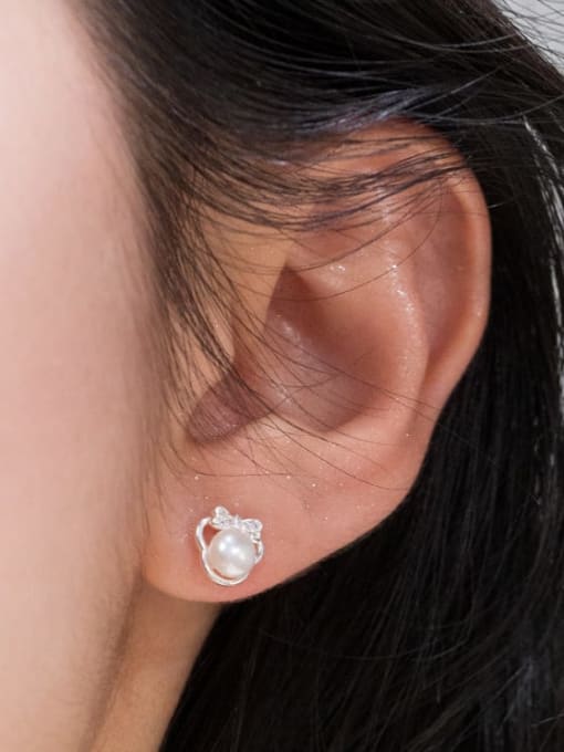 Rosh 925 Sterling Silver Imitation Pearl Bowknot Cute Stud Earring 1