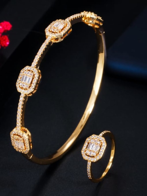 Bracelet Size 6 ring (gold) Copper Cubic Zirconia Luxury Geometric Ring and Bangle Set
