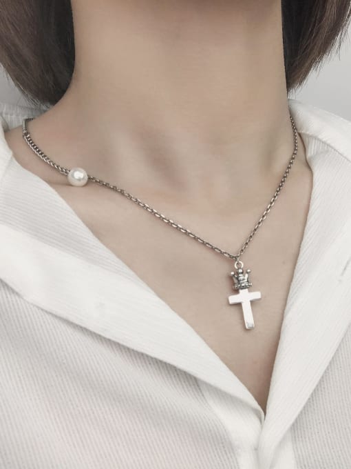 SHUI Vintage Sterling Silver With Antique Silver Plated Simplistic Cross Necklaces 2