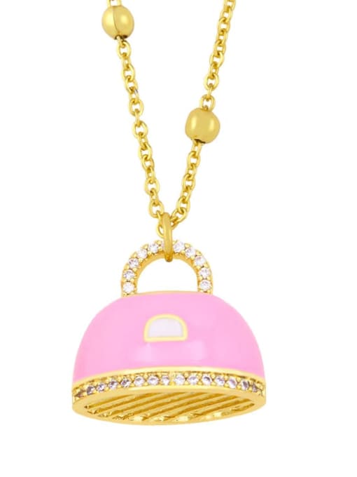 Pink Brass Rhinestone Enamel Irregular Bag Vintage Necklace