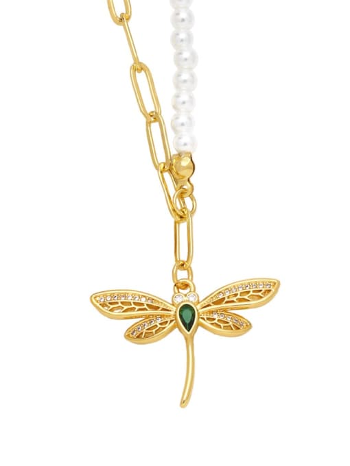 green Brass Imitation Pearl Dragonfly Hip Hop Necklace
