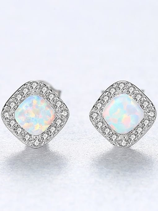 White 18H05 925 Sterling Silver Opal Square Minimalist Stud Earring