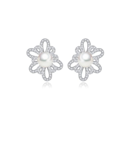 Grey bead platinum t09b10 Copper Cubic Zirconia Flower Dainty Stud Earring