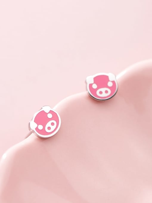 Rosh 925 Sterling Silver Pink Enamel  Cute  Pig head Stud Earring 0
