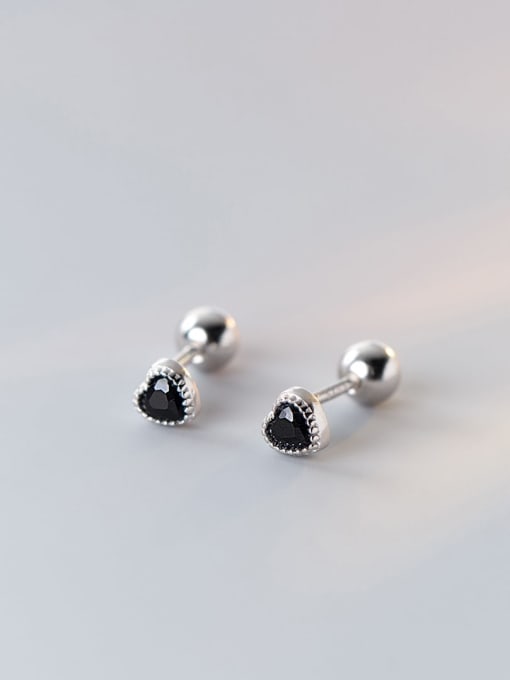 black 925 Sterling Silver Cubic Zirconia Heart Cute Stud Earring