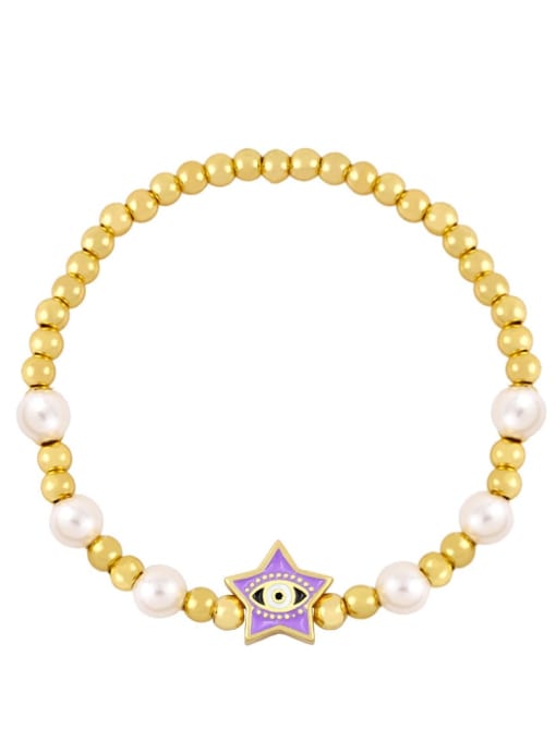 purple Brass Imitation Pearl Enamel Evil Eye Vintage Beaded Bracelet