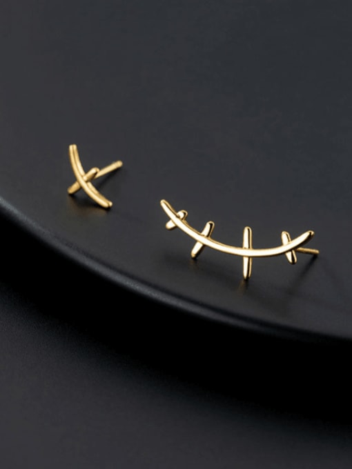 gold 925 Sterling Silver Cross Minimalist  lines asymmetry Stud Earring