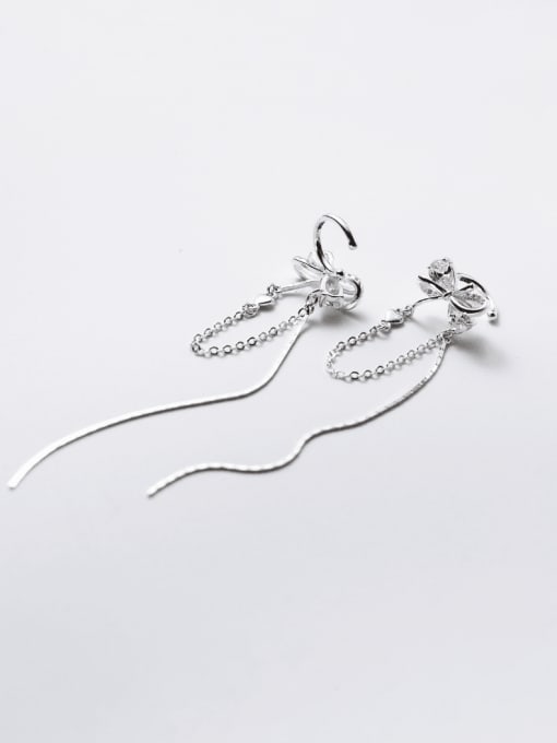 Silver 925 Sterling Silver Cubic Zirconia Bowknot  Tassel Minimalist Clip Earring
