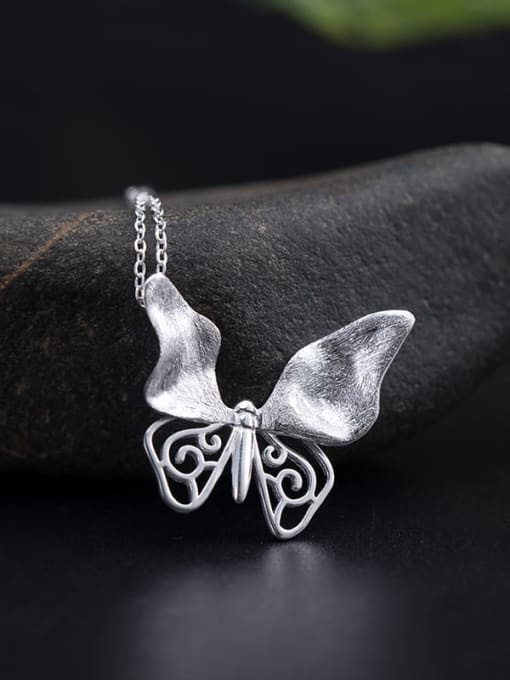 SILVER MI 925 Sterling Silver Simple Setro  Butterfly Pendant Necklace 2